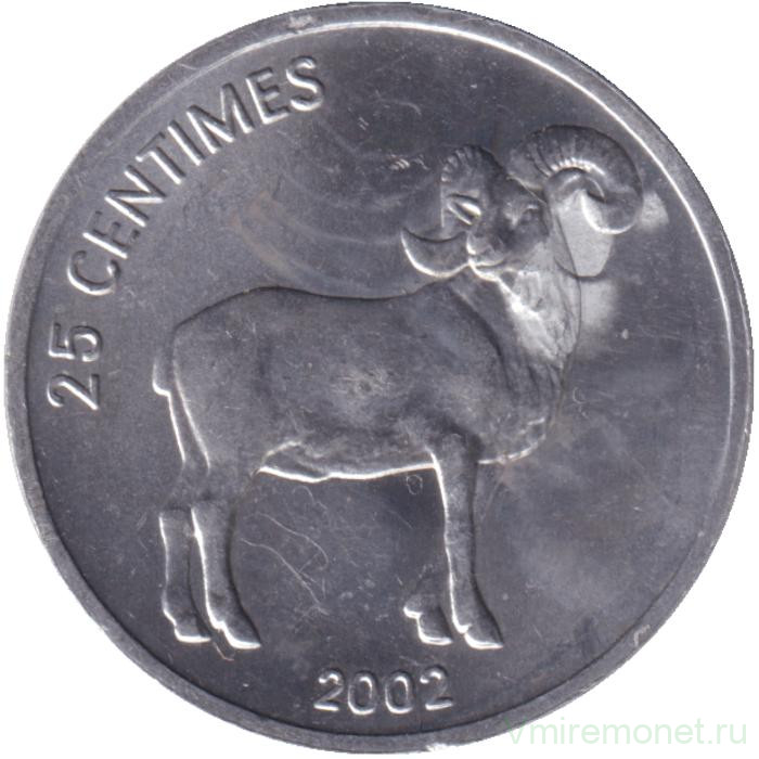 Монета. Конго. 25 сантимов 2002 год. Животные. Баран.