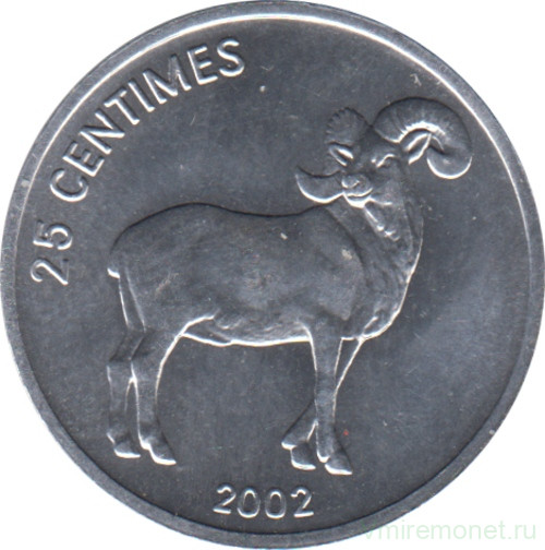 Монета. Конго. 25 сантимов 2002 год. Животные. Баран.