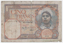 Банкнота. Алжир. 5 франков 1941 год.