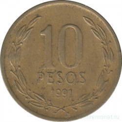 Монета. Чили. 10 песо 1991 год.