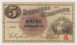 Банкнота. Швеция. 5 крон 1943 год. Вариант 1.