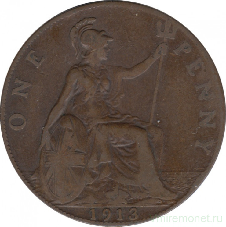 Монета. Великобритания. 1 пенни 1913 год.