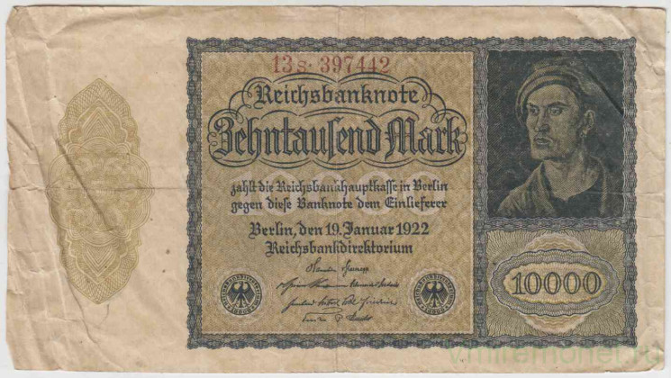 Банкнота. Германия. Веймарская республика. 10000 марок 1922 год. Тип 72 (1).