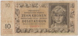 Банкнота. Протекторат Богемия и Моравия. 10 крон 1942 год. Тип 8а.