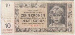 Банкнота. Протекторат Богемия и Моравия. 10 крон 1942 год. Тип 8.