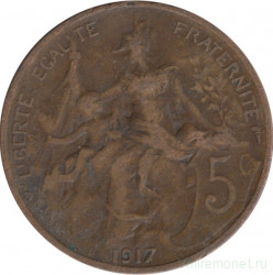 Монета. Франция. 5 сантимов 1917 год. Без отверстия.