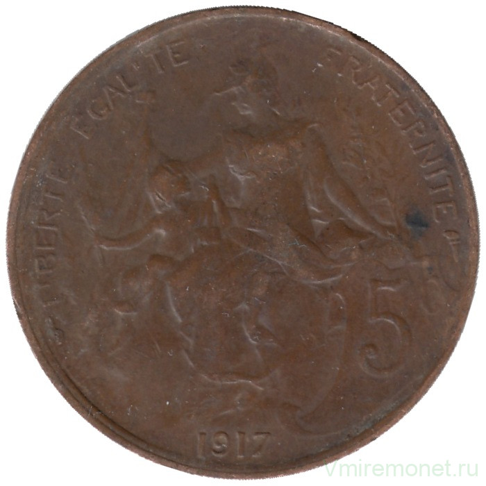 Монета. Франция. 5 сантимов 1917 год. Без отверстия.