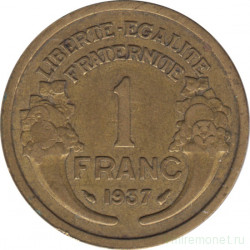 Монета. Франция. 1 франк 1937 год.