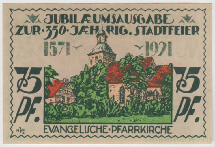Бона. Нотгельд. Германия. Город Ангербург. 75 пфеннигов 1921 год. Вариант 33.1.а.