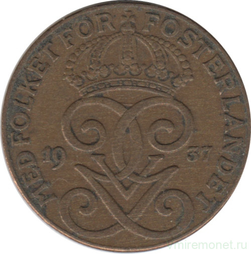 Монета. Швеция. 2 эре 1937 год.