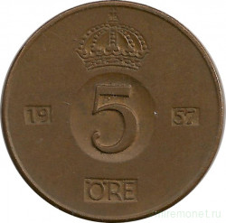 Монета. Швеция. 5 эре 1957 год.