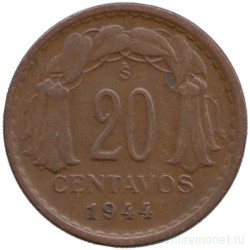 Монета. Чили. 20 сентаво 1944 год.