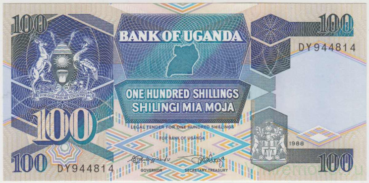 Банкнота. Уганда. 100 шиллингов 1988 год.