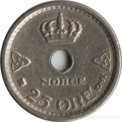 Монета. Норвегия. 25 эре 1947 год.