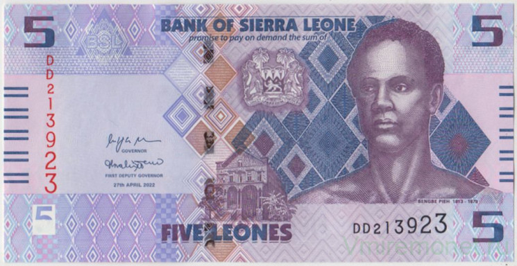 Банкнота. Сьерра-Леоне. 5 леоне 2022 год. Тип W36.