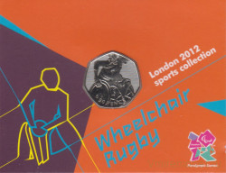 Монета. Великобритания. 50 пенсов 2011 год. XIV летние паралимпийские игры Лондон 2012. Регби сидя. В блистере.