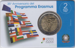 Монета. Италия. 2 евро 2022 год. 35 лет программе Эразмус. Коинкарта.