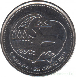 Монета. Канада. 25 центов 2011 год. Природа Канады - Косатка.