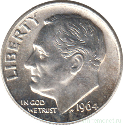 Монета. США. 10 центов 1964 год. Серебряный дайм Рузвельта. Монетный двор D.