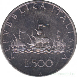 Монета. Италия. 500 лир 1970 год. Корабли Колумба.