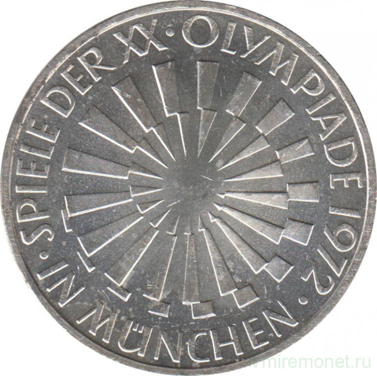 Монета. ФРГ. 10 марок 1972 год. XX летние Олимпийские Игры, Мюнхен 1972. Эмблема "In München". (D).