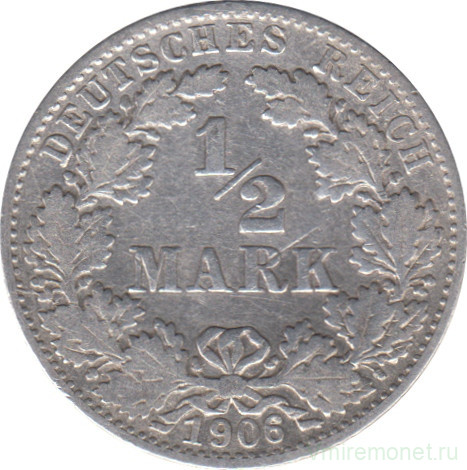 Монета. Германия. Германская империя. 1/2 марки 1906 год. Монетный двор - Берлин (D).