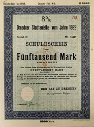 Облигация. Германия. Дрезден. 8 % заем на 5000 марок 1922 год.