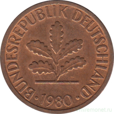 Монета. ФРГ. 1 пфенниг 1980 год. Монетный двор - Штутгарт (F).