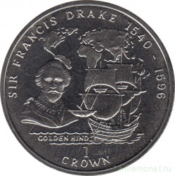 Монета. Великобритания. Остров Мэн. 1 крона 1996 год. Мореплаватели. Фрэнсис Дрейк.