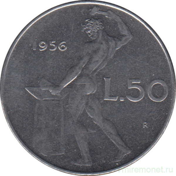 Монета. Италия. 50 лир 1956 год.