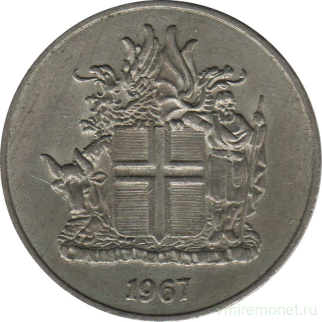 Монета. Исландия. 10 крон 1967 год.