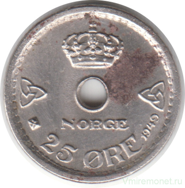 Монета. Норвегия. 25 эре 1949 год.