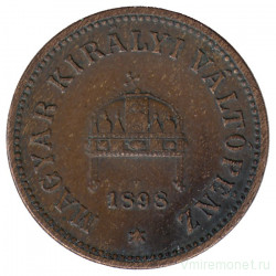 Монета. Австро-Венгерская империя. 2 филлера 1898 год. Венгерский тип.