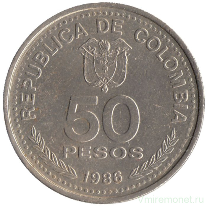 Монета. Колумбия. 50 песо 1986 год.