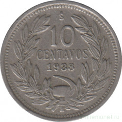 Монета. Чили. 10 сентаво 1938 год.