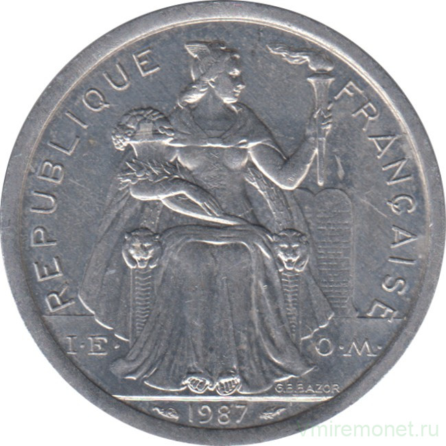 Монета. Французская Полинезия. 2 франка 1987 год.