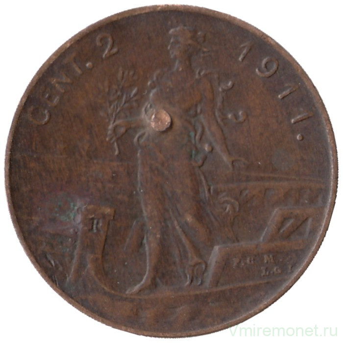 Монета. Италия. 2 чентезимо 1911 год. 