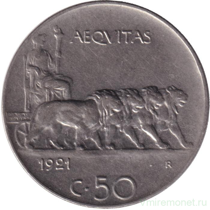 Монета. Италия. 50 чентезимо 1921 год. Гурт гладкий.