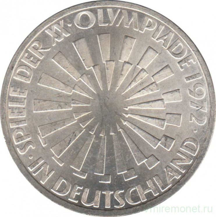 Монета. ФРГ. 10 марок 1972 год. XX летние Олимпийские Игры, Мюнхен 1972. Эмблема "In Deutschland". (F).