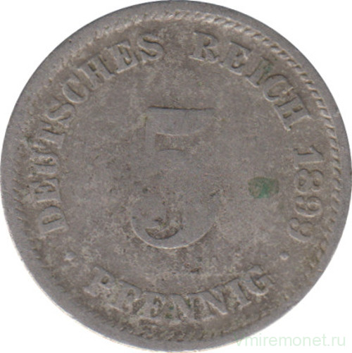 Монета. Германская империя. 5 пфеннигов 1899 год. (D).