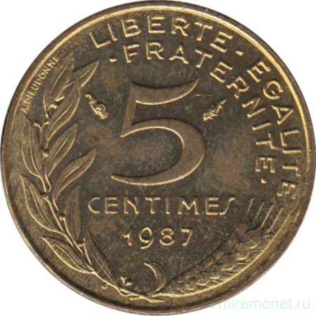 Монета. Франция. 5 сантимов 1987 год.