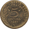  Монета. Франция. 5 сантимов 1987 год. ав.