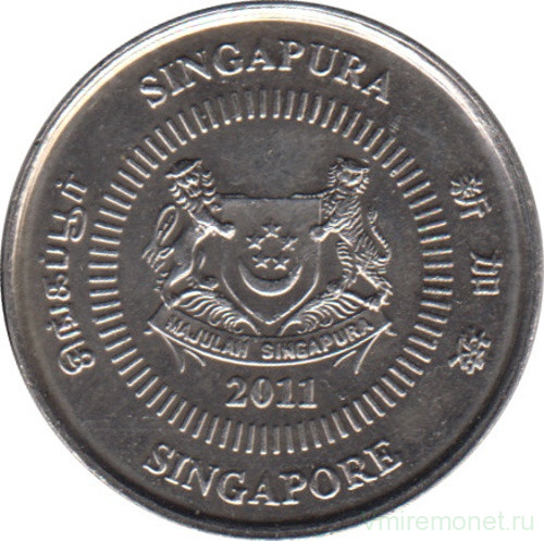 Монета. Сингапур. 10 центов 2011 год.