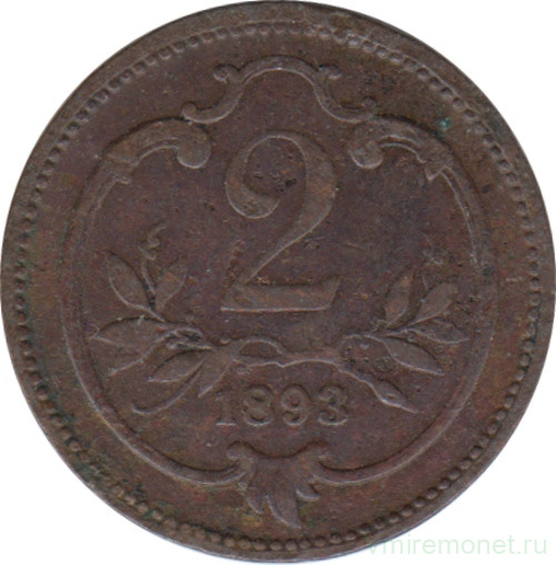 Монета. Австро-Венгерская империя. 2 геллера 1893 год.