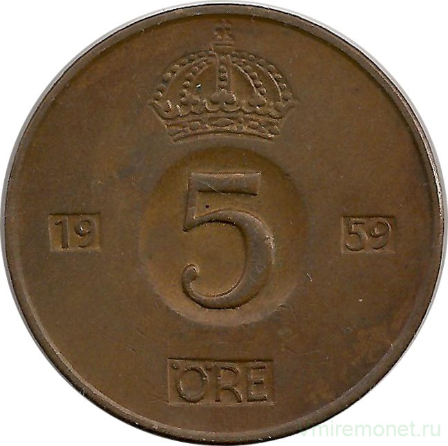 Монета. Швеция. 5 эре 1959 год.