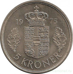 Монета. Дания. 5 крон 1975 год.