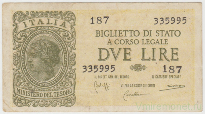 Банкнота. Италия. 2 лиры 1944 год. Тип 30b.