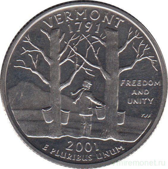 Монета. США. 25 центов 2001 год. Штат № 14 Вермонт. Монетный двор S.