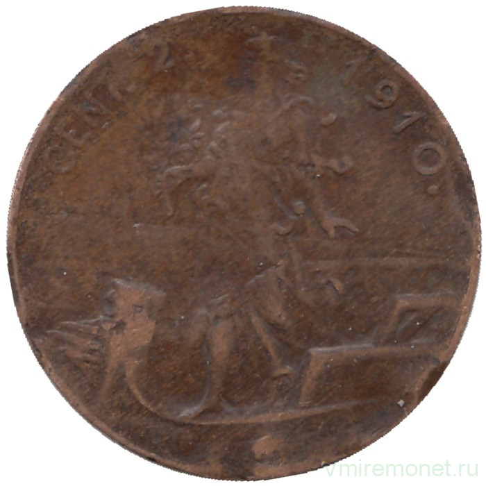 Монета. Италия. 2 чентезимо 1910 год.