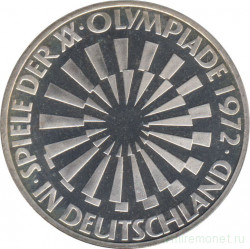 Монета. ФРГ. 10 марок 1972 год. XX летние Олимпийские Игры, Мюнхен 1972. Эмблема "In Deutschland". (G). Пруф.